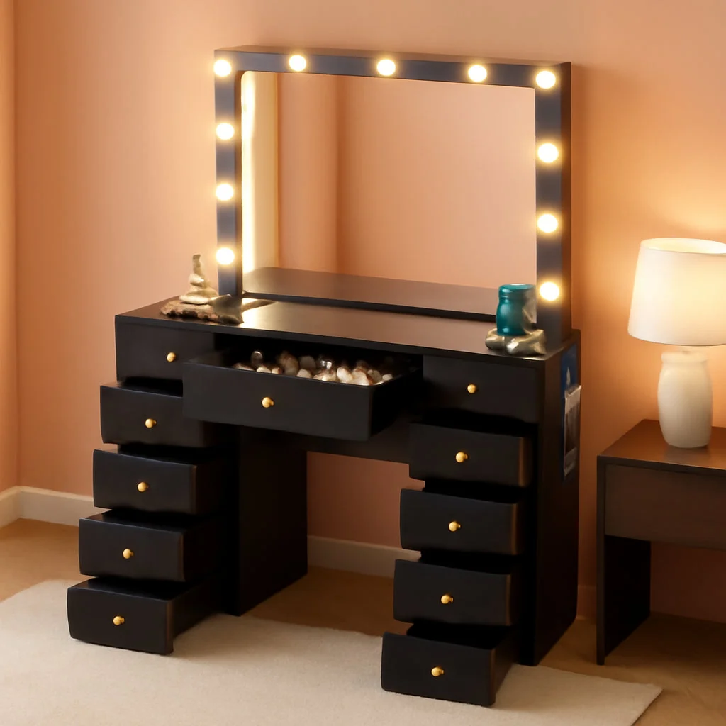 Convenient 42-Inch Vanity Table Featuring Ultra LED Lighting Black Crafted
