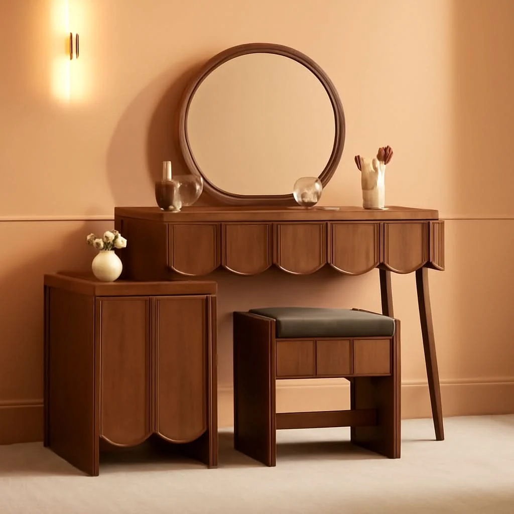 Healthy Walnut Vanity Desk Mirror With Integrated Lighting Detailed