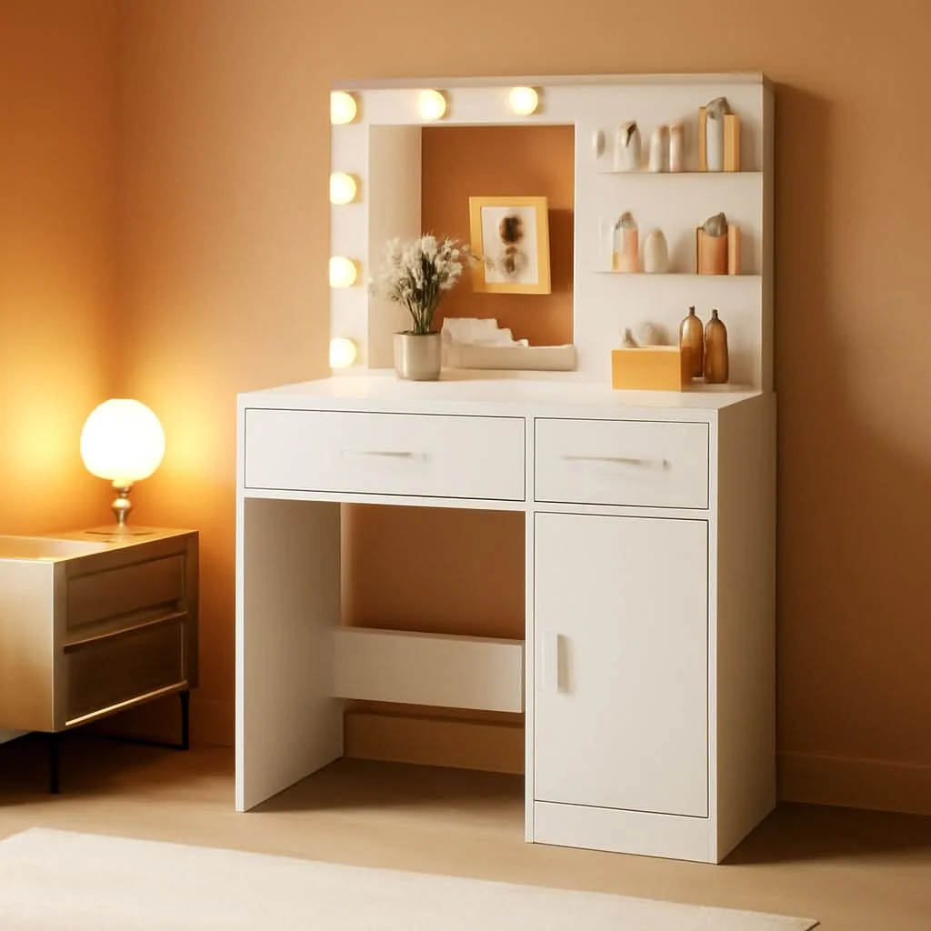 Practical Luxurious White Vanity Desk Featuring Dimmable Mirror Carefully Designed