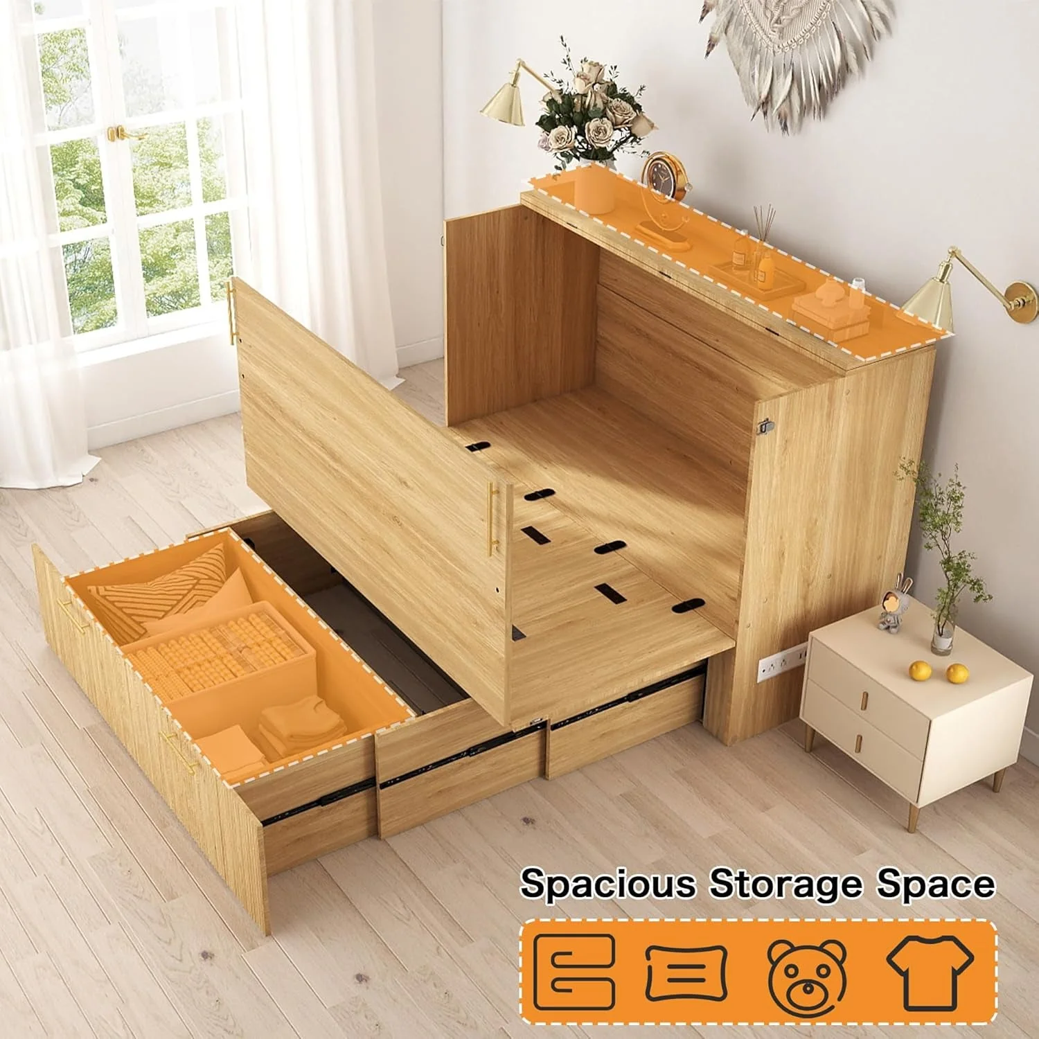 Safe Fullsize Oak Murphy Bed Cabinet With Integrated Charging Easy-to-Use