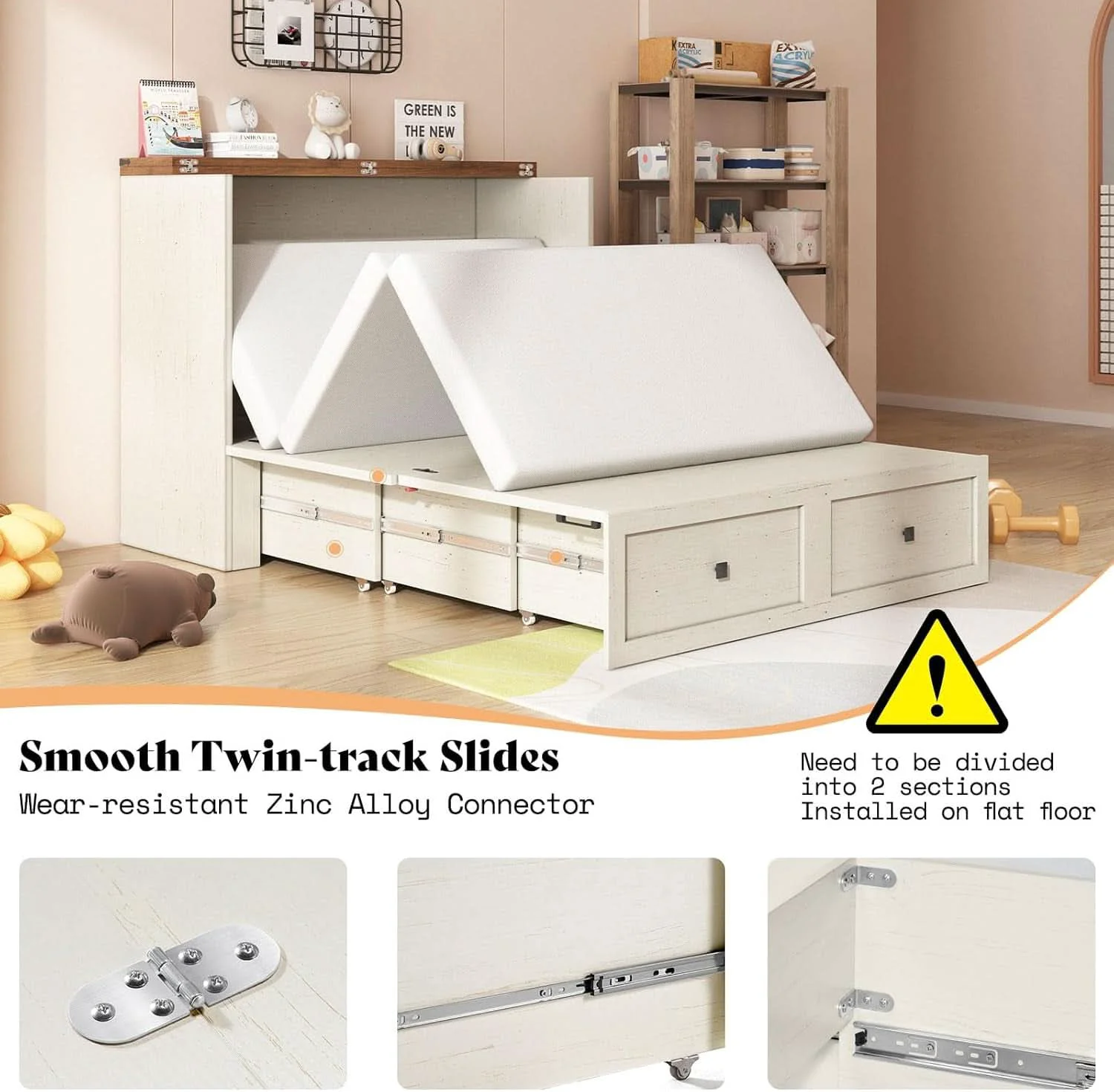 Stylish Murphy Bed With Distressed White Storage And Charging High-Performance