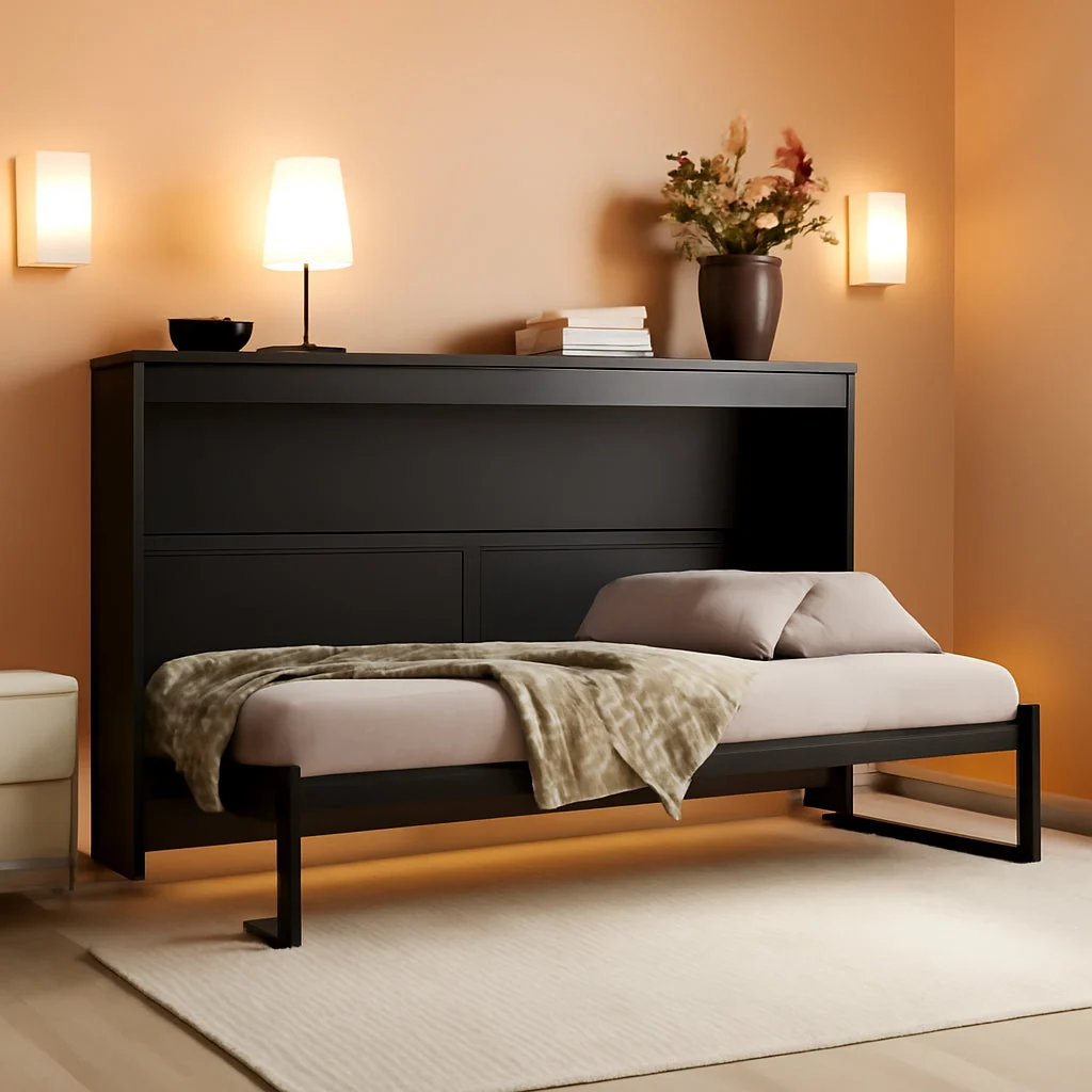 Expertly Made Black Twin Murphy Bed Featuring Integrated Lighting Lightweight