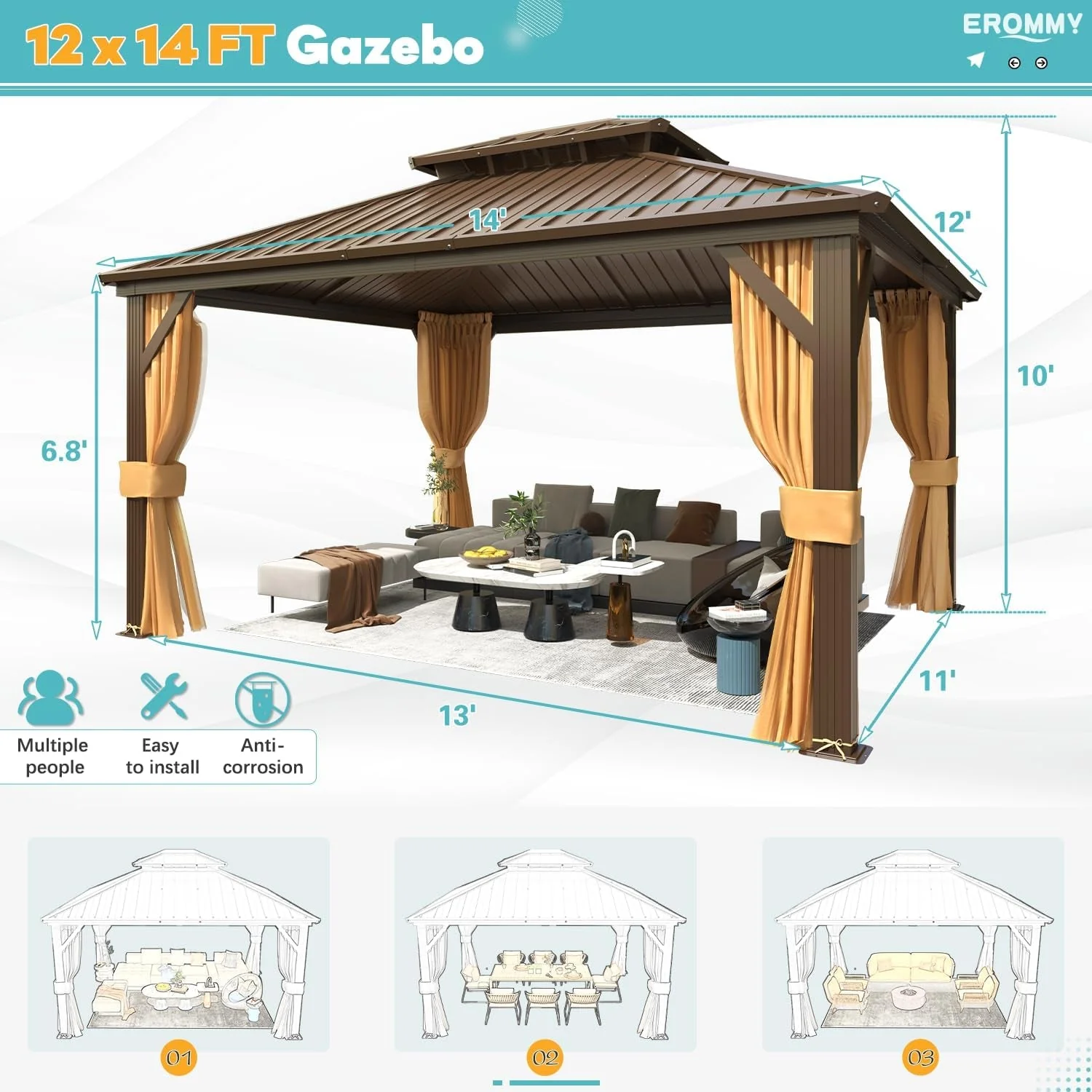 Practical 12x14 Hardtop Aluminum Gazebo Weatherproof Curtain Netting Premium