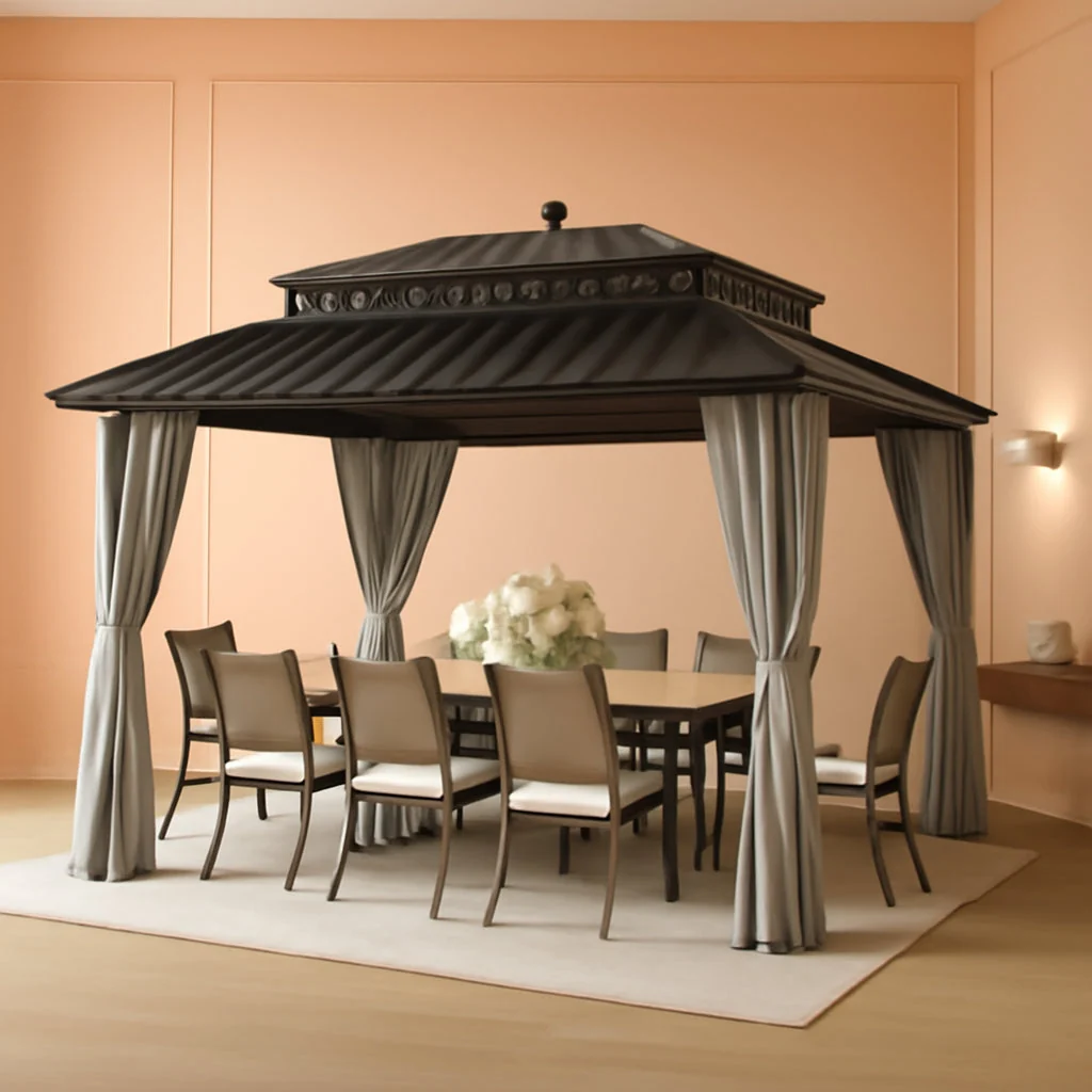 Practical 14x12 Hardtop Cedar Wood Gazebo Polycarbonate Roof Curtains Netting Fine