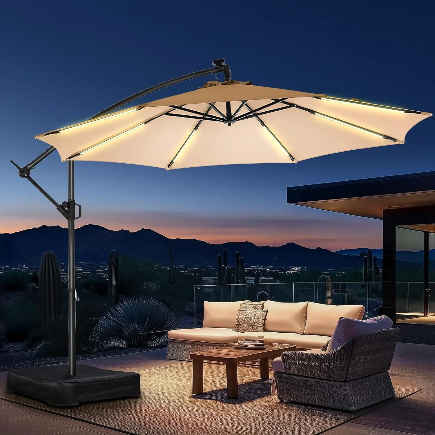 Professional 10Ft Offset Patio Umbrella Weatherproof LED Lights Pure