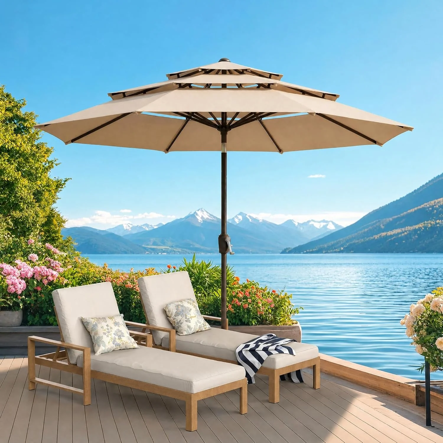 Trendy 10Ft Champagne Fiberglass Ribs Patio Umbrella Push Button Tilt Smooth