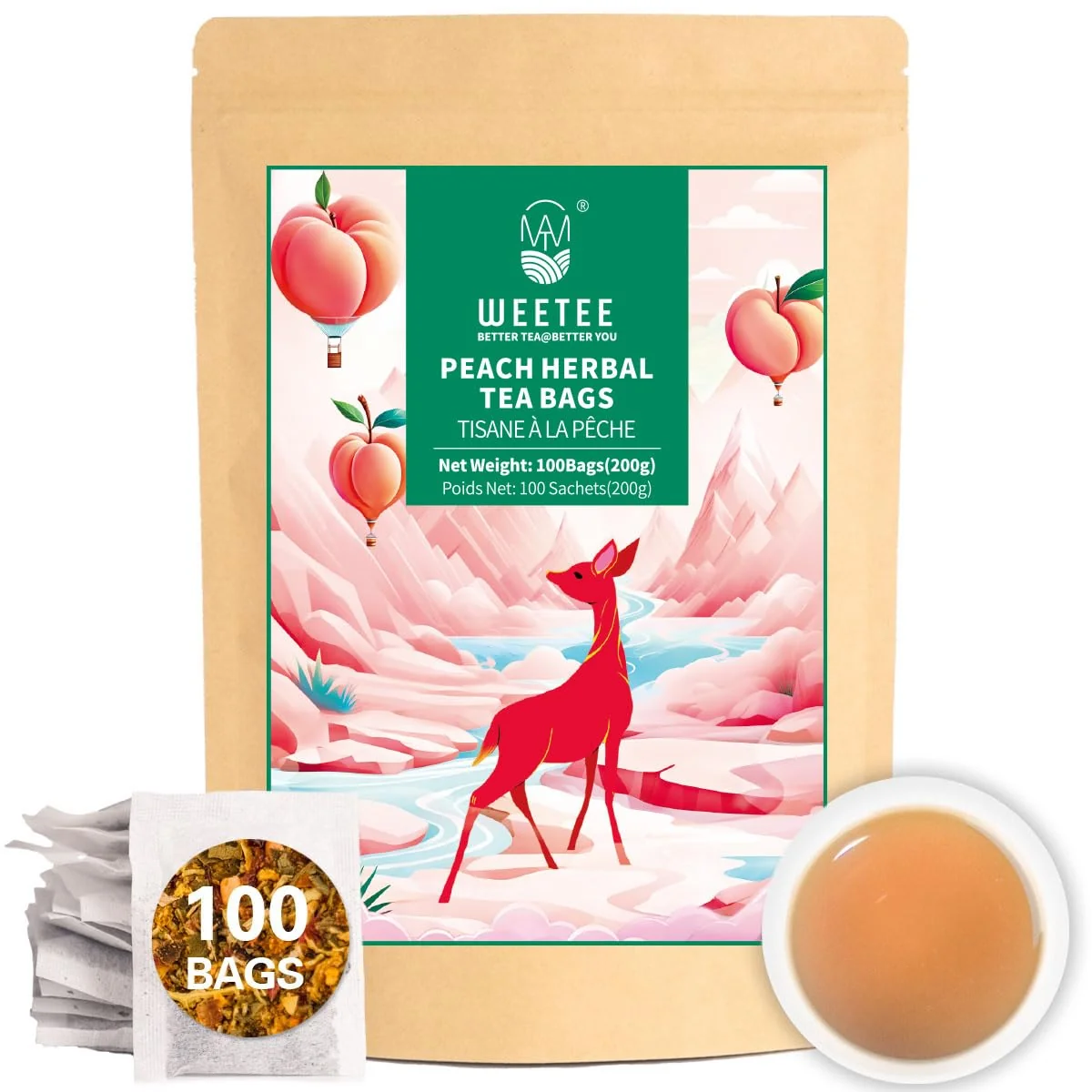 Detailed WT WEETEE Peach Herbal Tea Bags 100 Count Bright Juicy amp Fruity Infusion Caffeine- Blend with Rose Hip Orange Peel Chamomile amp Natural Peach Flavor Daily Wellness Tea for Hot or Iced Carefully Designed