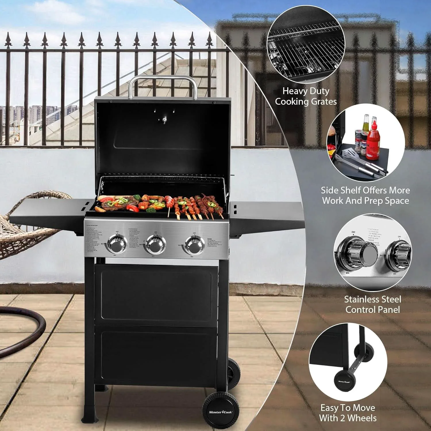 Original Design 3-Burner Propane Gas Grill With Foldable Side Shelves 30 000 BTU Stain Responsible