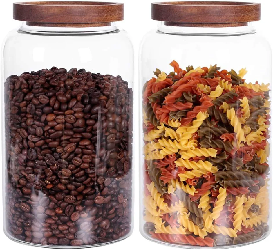 Next-Generation Large Glass Jar with Airtight Lid Set of 2 93 FL OZ 2750ml glass canister set Glass Food Containers Wooden Lid Suit for Kitchen Pantry for Flour Tea Coffee Beans Sugar Cookies 8.8 inch high Advanced