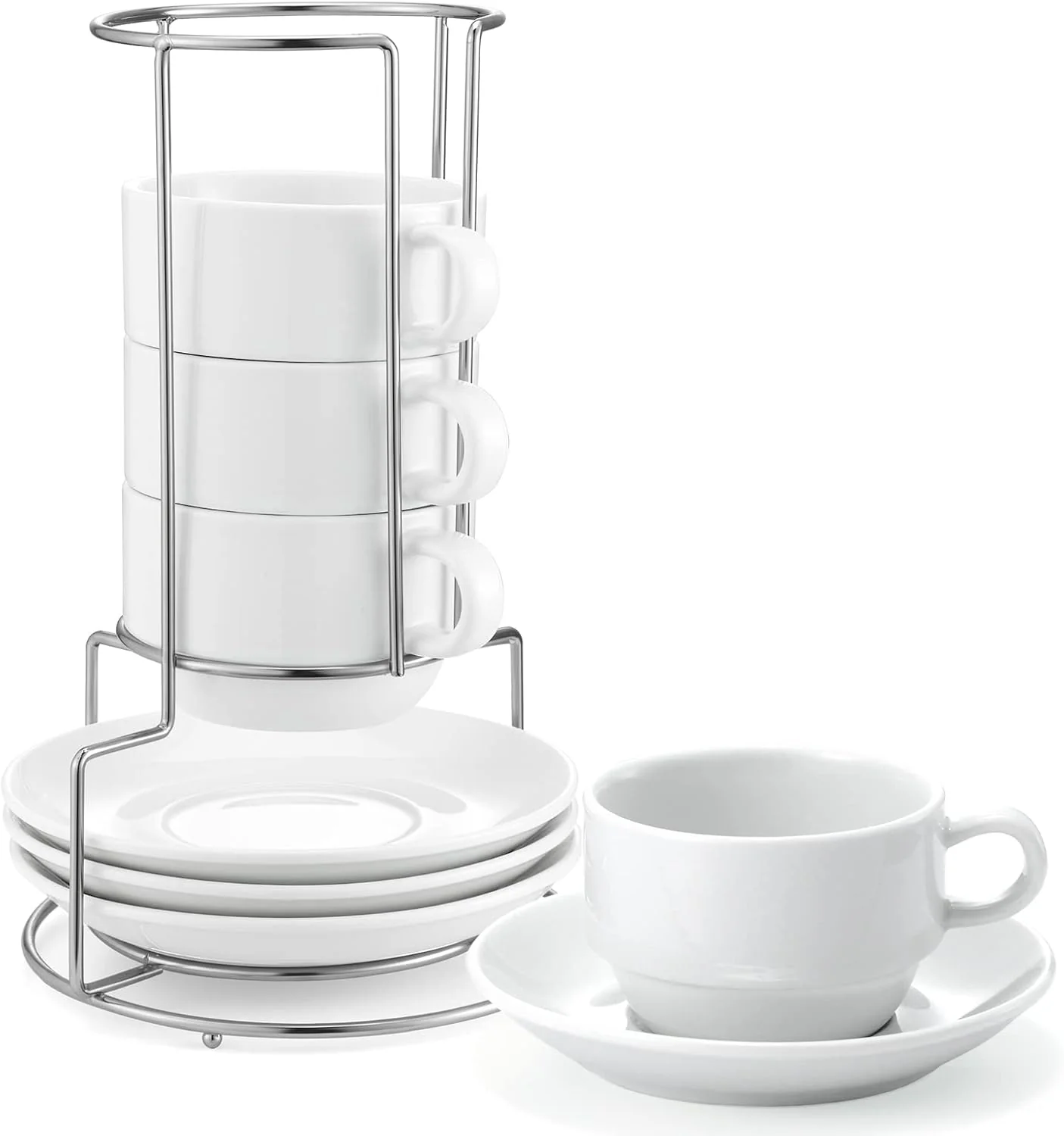 Optimized Yedio Porcelain 8 oz Coffee Cups with Saucers and Metal Stand Porcelain Stackable Cappuccino Cups with Metal Stand White Set of 4 Soft