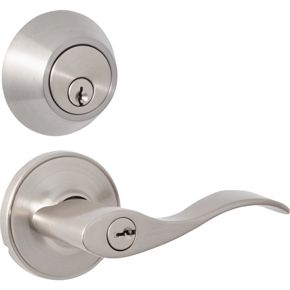 Outstanding Steel Pro Brushed Nickel Single Cylinder Deadbolt and Lever Combo Safe