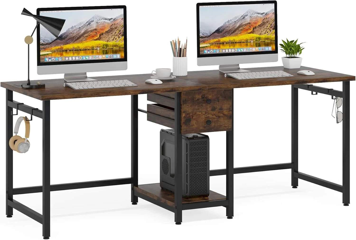Fast 79Inch RusticBrown Double Desk With Storage Drawer Modern
