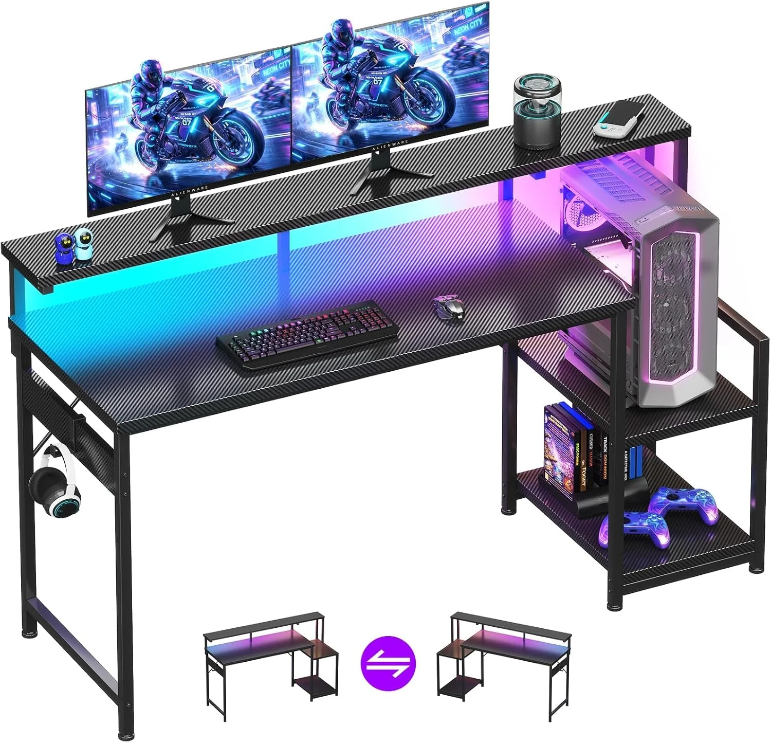 Prestigious 55 Inch Gaming Desk With LED Lights Flexible