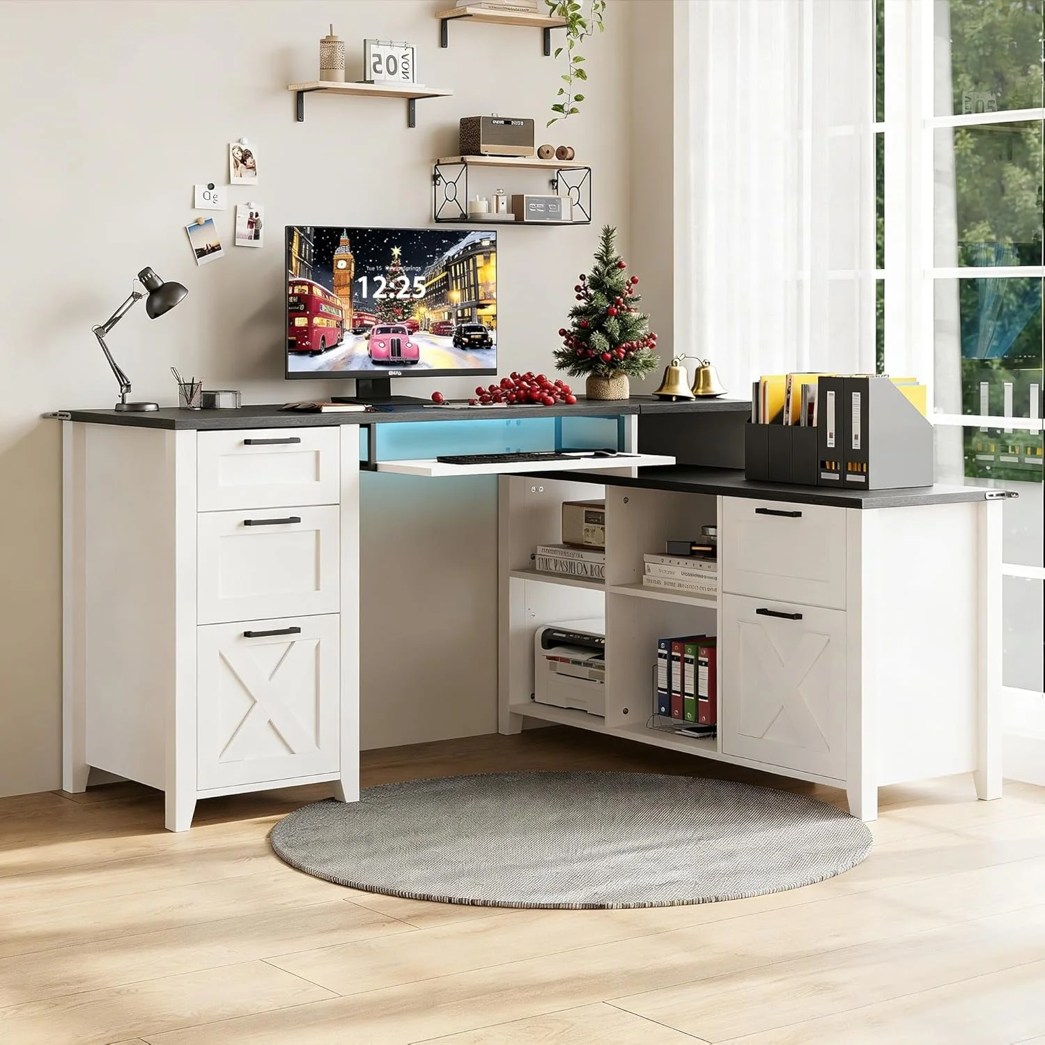 Original White Farmhouse L Shaped Desk With USB Charging 59 Inch Desk Dependable