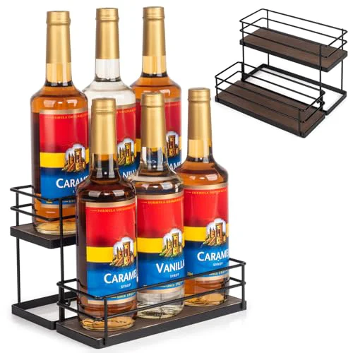 Organic 6 Bottle Capacity Coffee Syrup Organizer 2 Tier Coffee Syrup Stand Shelf for Coffee Bar Kitchen Small Wine Rack for Bar Family Storage for Syrup Wine Dressing 13.6 inch es Luxury