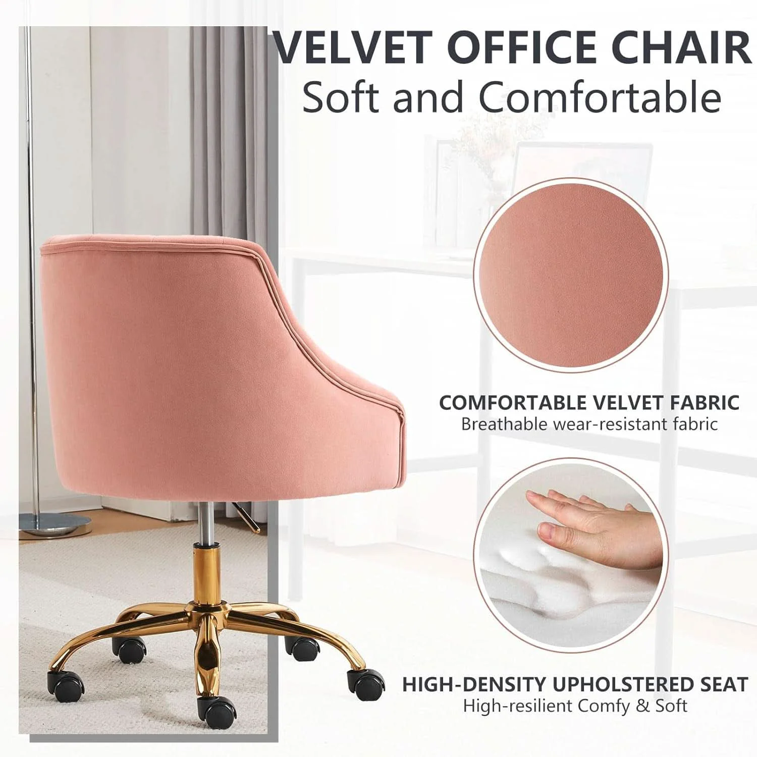 Easy-to-Use Pink Velvet Office Chair 360 Swivel Modern Desk Chair User-Friendly