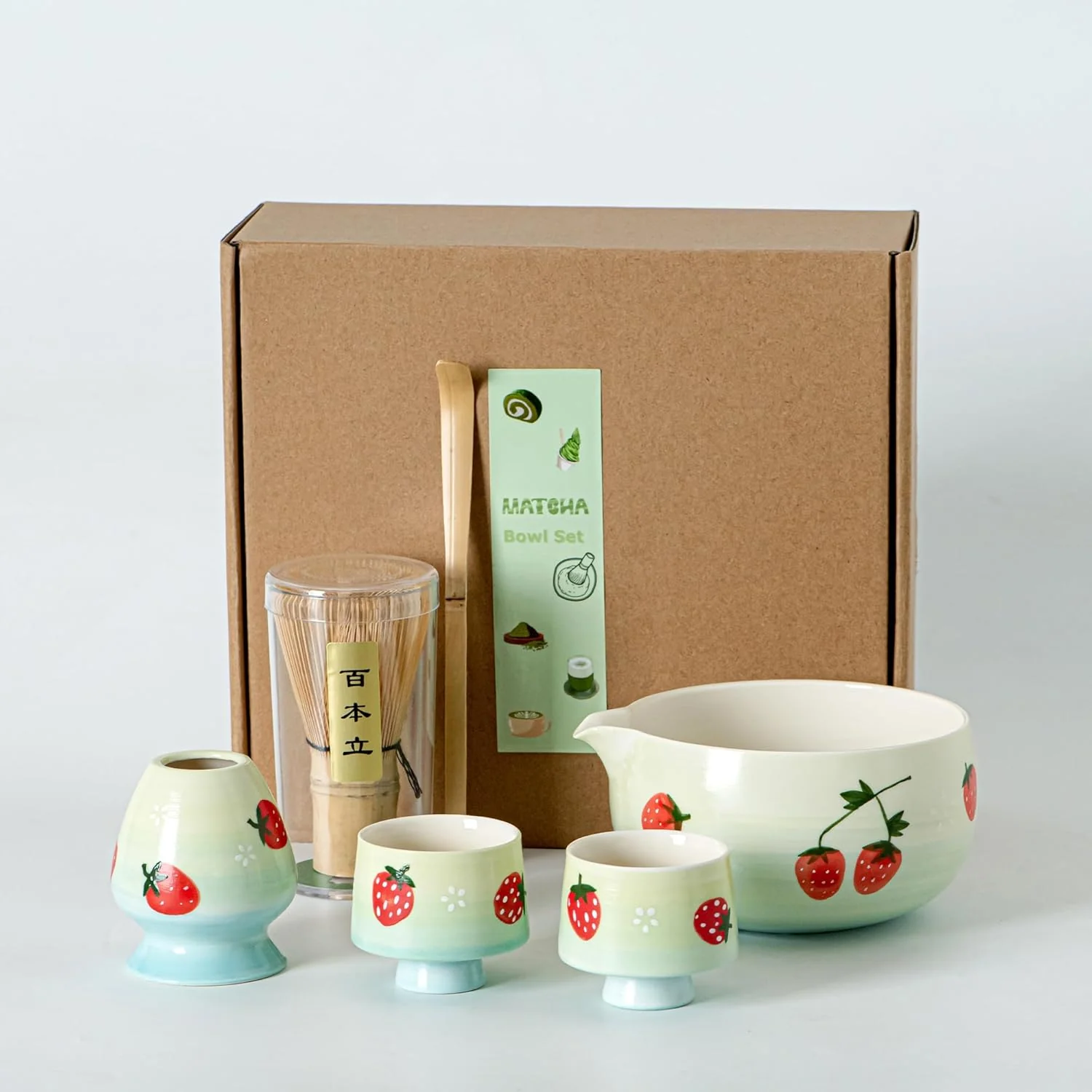 High-Quality Matcha Whisk Set Cute Strawberry Matcha Bowl Set with 2 Cups Bamboo Whisk Scoop Holder Matcha Kit Gift for Tea Lovers and Tea Ceremony Reusable