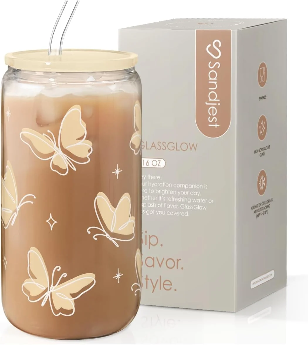 Genuine Sandjest Butterfly Glass Can Iced Coffee Aesthetic Cup Gifts for Christmas Birthday Gift for Women Girls 16oz Optimized