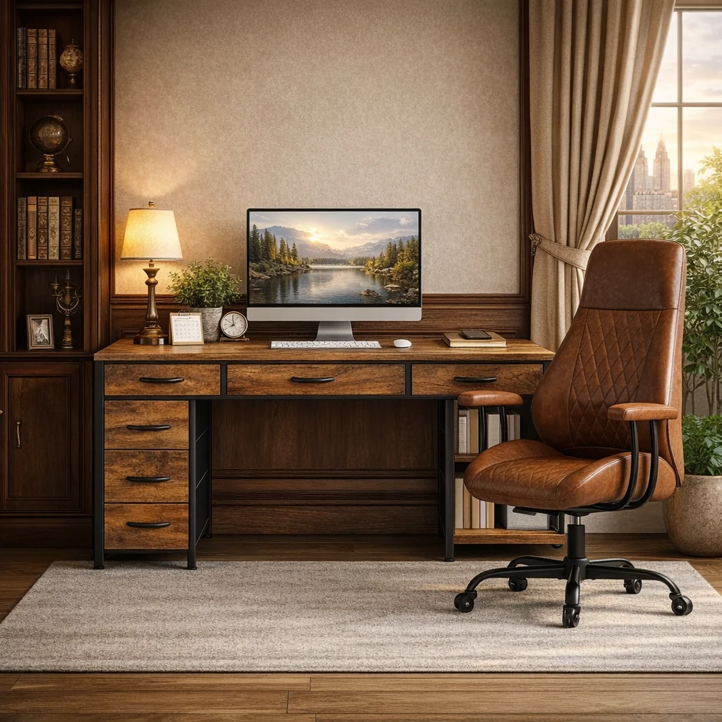 Fine 47 Inch Rustic Brown Desk Ergonomic Chair Storage Solution Consistent