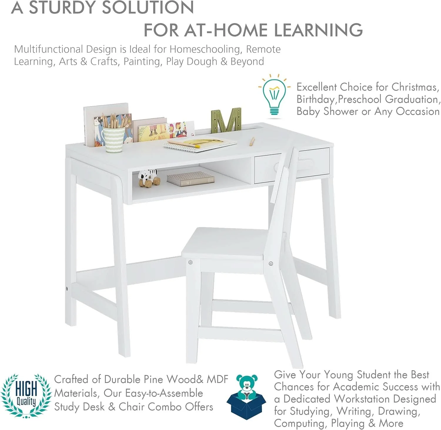 Specialty Kids Desk and Chair Set With Storage Drawers for Study Natural