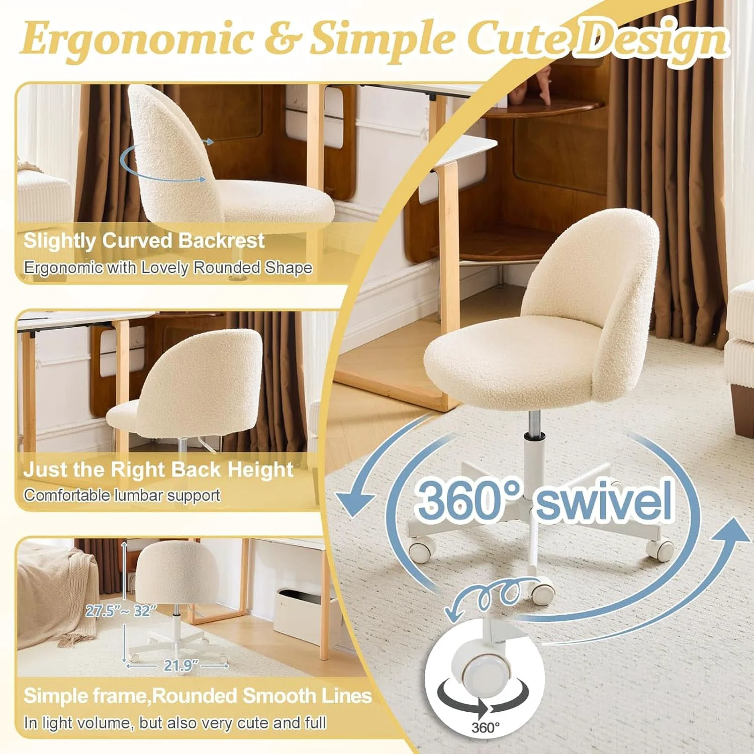Flexible Armless Creamy Beige Teddy Fleece Office Desk Chair With Wheels Original