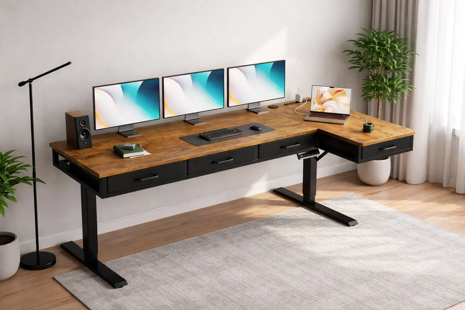 Efficient Electric L-Shaped Standing Desk with Faux Leather Office Chair Set Premium