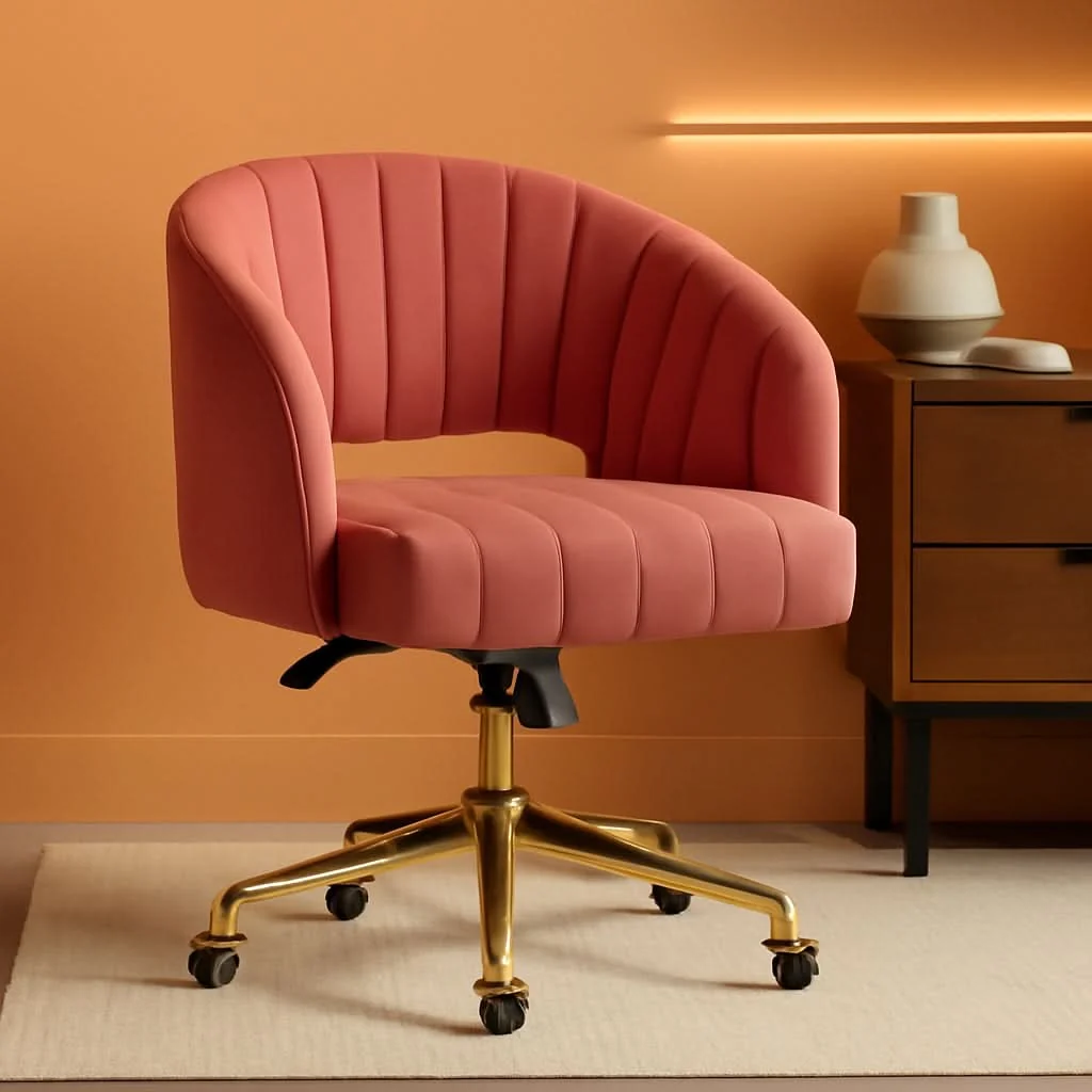 High-Quality Rose Velvet Office Desk Chair With Ergonomic Design And Swivel Wheels Relaxed