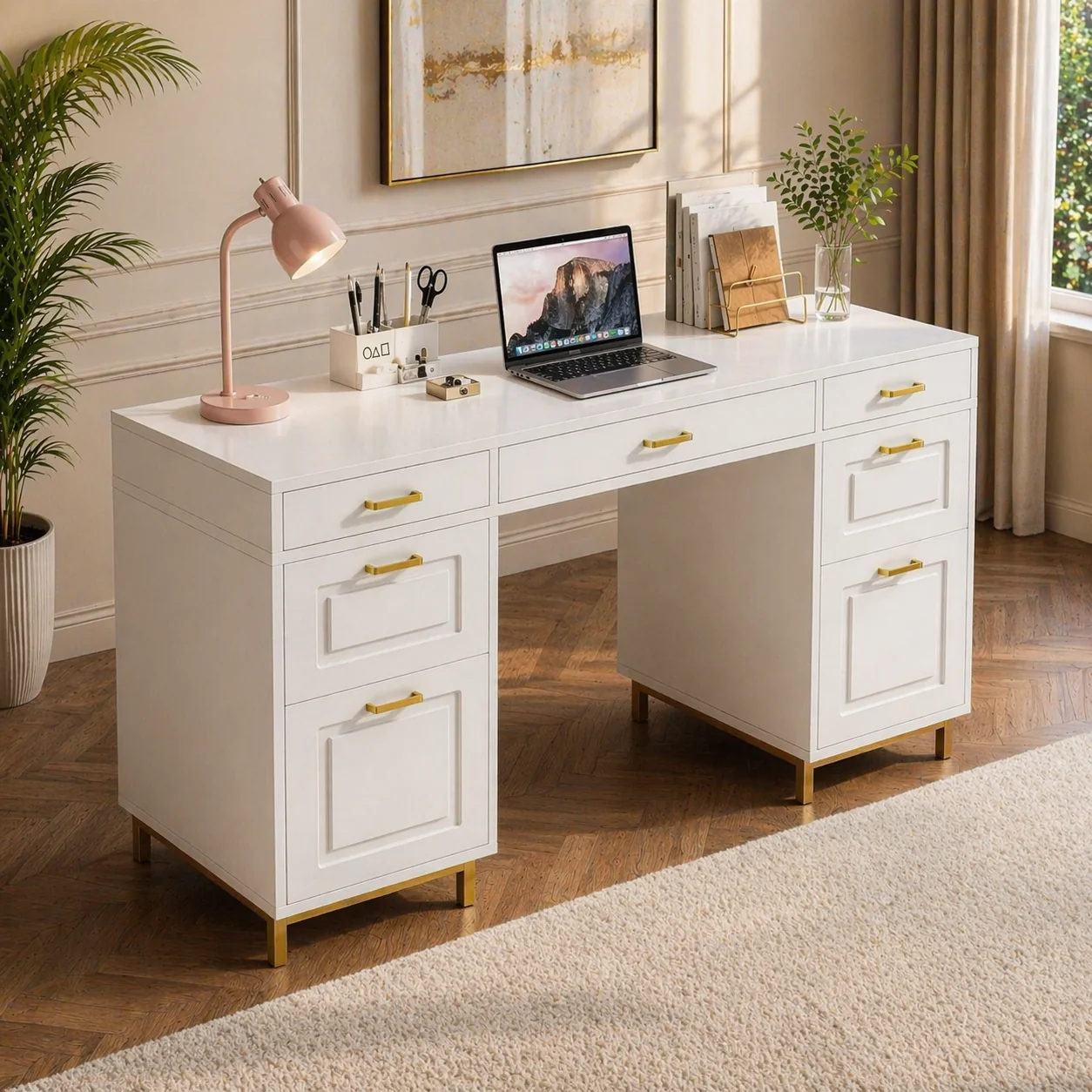 Fine Crafted White Gold Executive Desk with 7 Drawers Matching Padded Office Chai Artisan