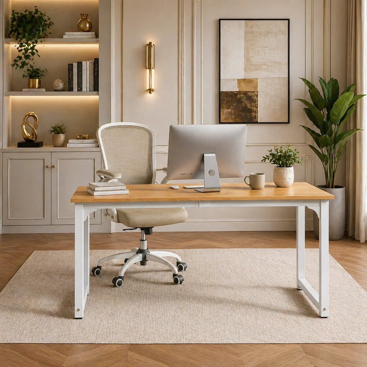 Premium 63 White Modern Computer Desk Ergonomic High Back Office Chair Set High-End