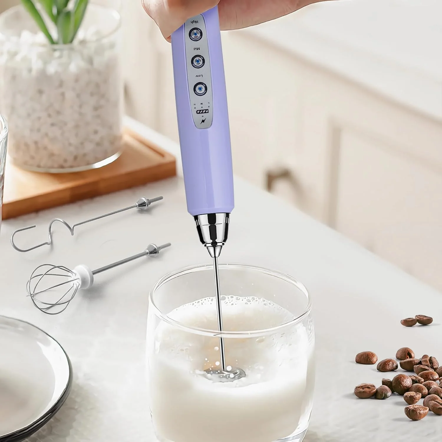 Secure Milk Frother Handheld Rechargeable - Electric Whisk 3 Speed Adjustable Coffee Frother Wand with 3 Stainless Whisks Electric Foam Maker Verified