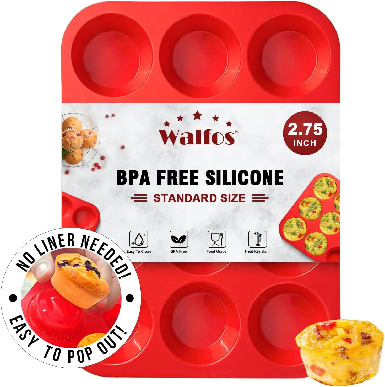 Convenient Walfos Silicone Muffin Pan - 12 Cups Regular Silicone Cupcake Pan Non-stick Great for Making Muffin Cakes Tart Bread - BPA and Dishwasher Safe Excellent