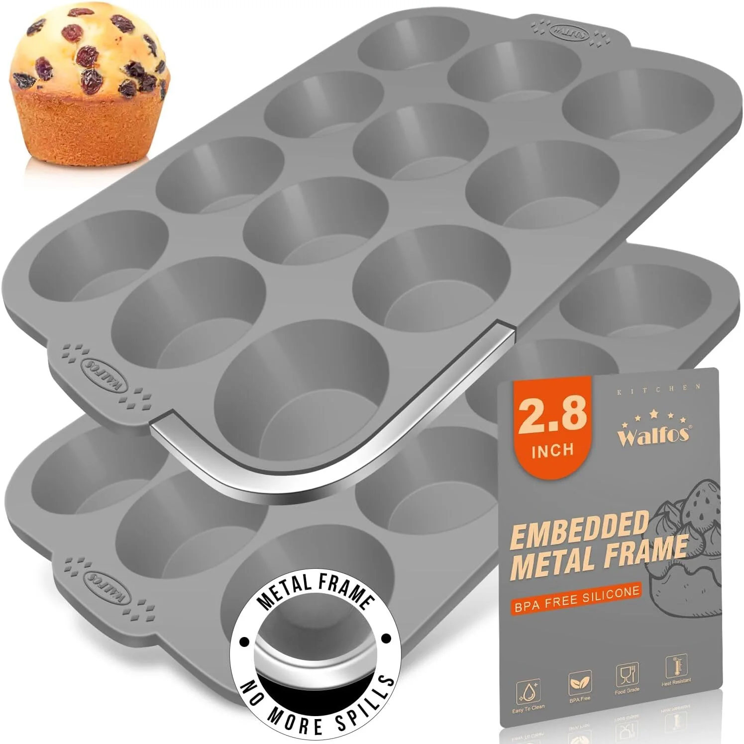 Proven Walfos Silicone Muffin Pan with Metal Frame 2.8 Inch Regular Size Silicone Cupcake Pan Muffin Tin Non-Stick 12 Cups Egg Bites Molds for Baking 2 Pack BPA Dishwasher Safe Durable