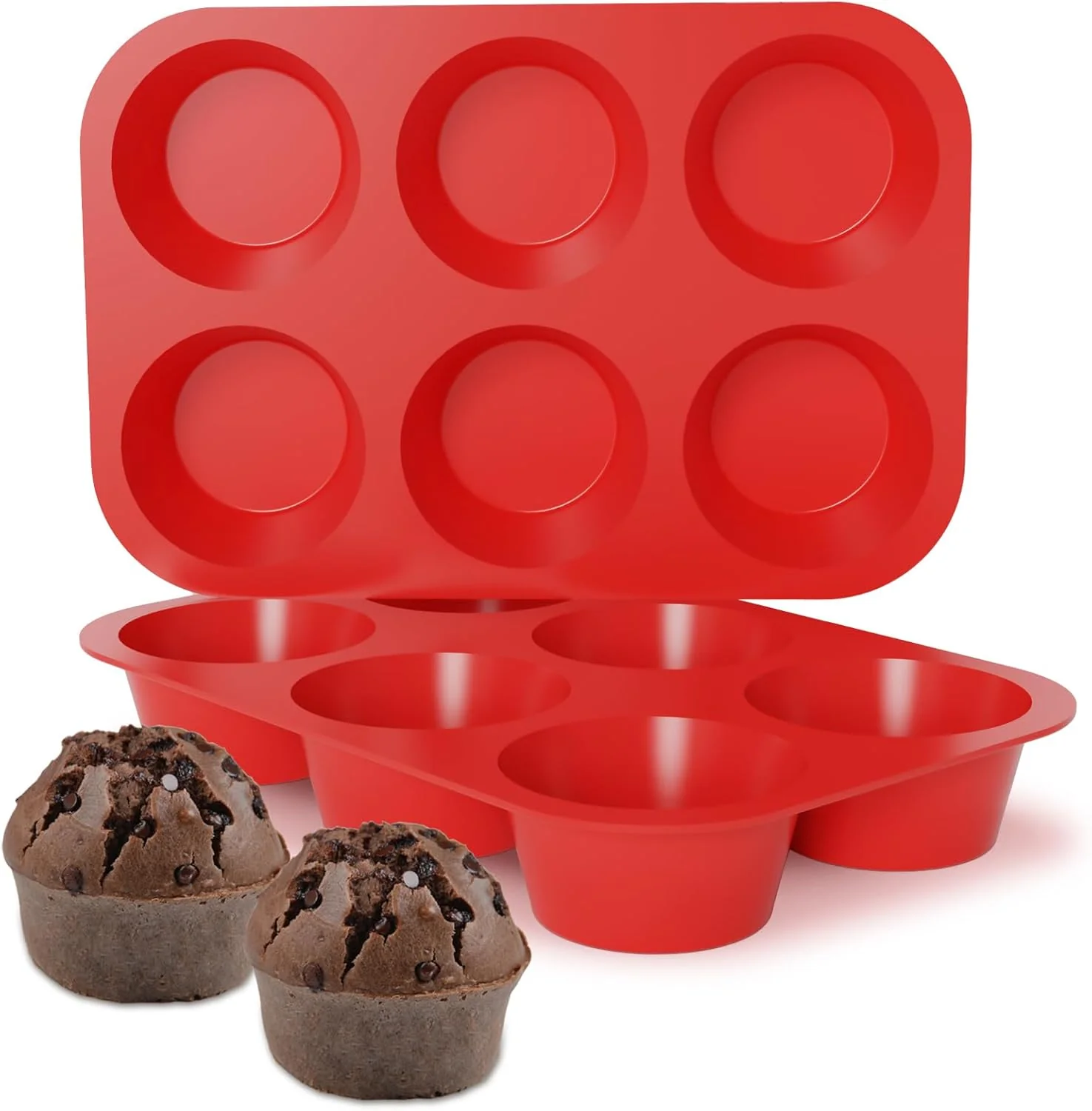 Efficient Silicone Jumbo Muffin Pan 3.5 Inch Silicone Texas Muffin Pan 6 Cup Large Cupcake Pan Nonstick BPA 2 Pack Red Recyclable