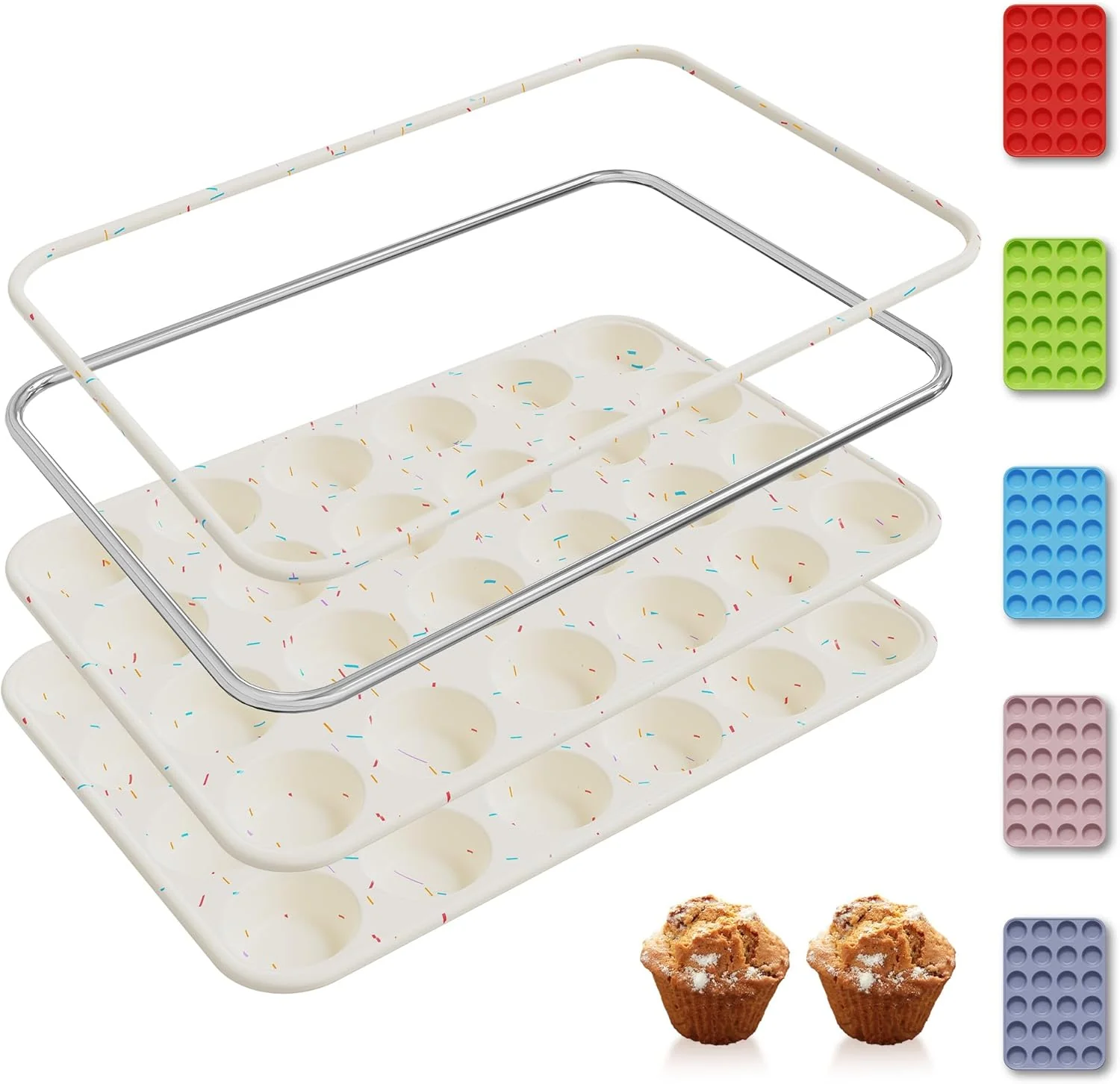 Green 2 Pack 24 Cups Silicone Mini Muffin Pan with Metal Reinforced Frame Silicone Molds Cupcake Cake Baking Cheesecake Pans Cookie Baking Chocoflan Refined
