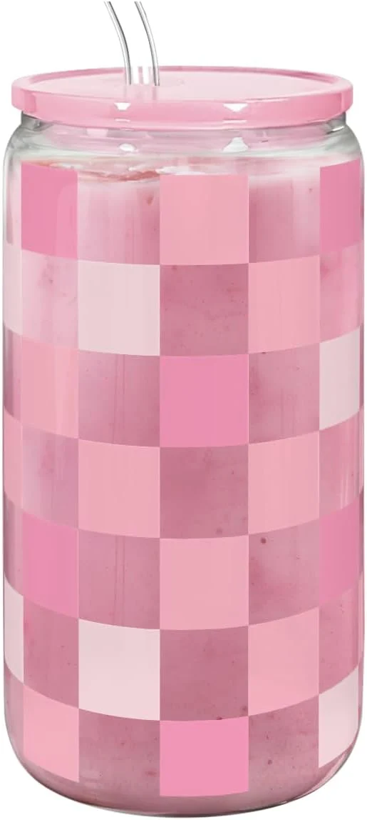 Fashionable Checker 16 Oz Can Glass Tumbler with Acrylic Lid and Straw - Iced Coffee Cups for Women Aesthetic Glass Cup Gift for Birthday Christmas First-Class