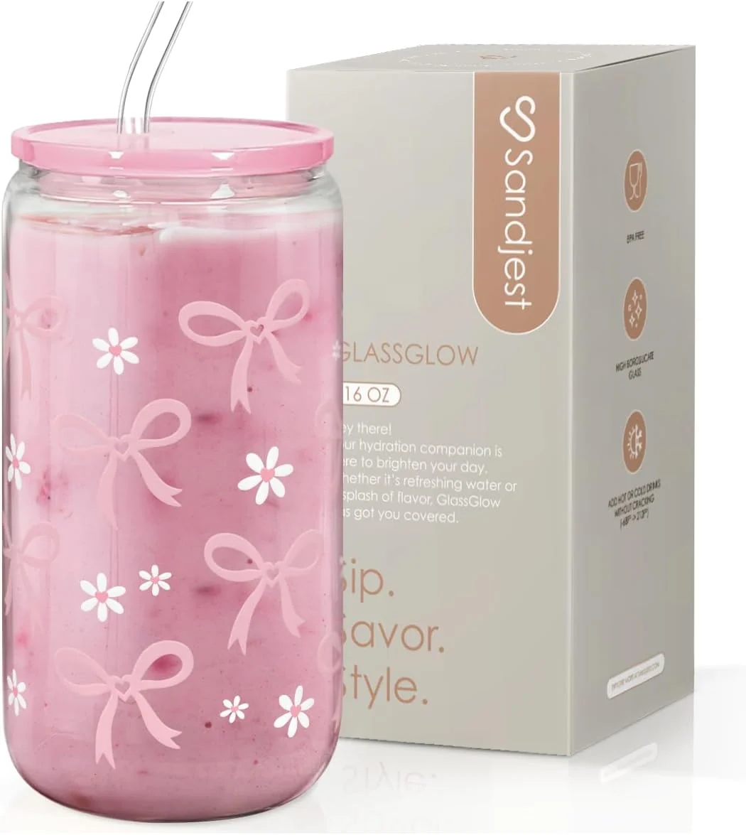 Relaxed Sandjest Bow Glass Can Bows Cup with Lid Straw Iced Coffee Aesthetic Cups Idea Gift for Christmas Birthday Mother Day Gifts for Women 16oz Proven