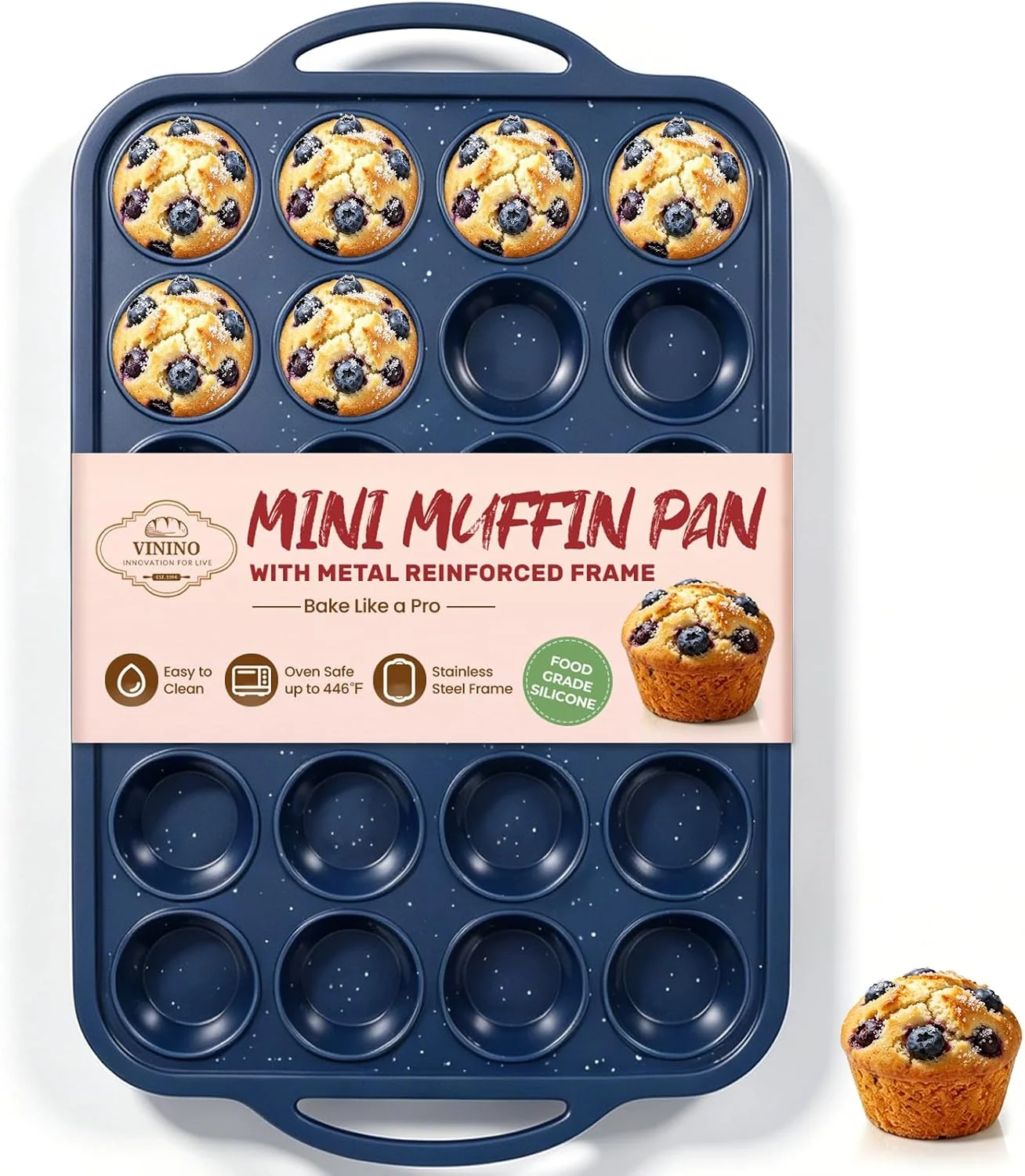 Genuine Vinino 24 Cup Silicone Muffin Pan with Metal Reinforced Frame Nonstick Food Grade Silicone Easy Release Oven Safe Up To 446°f Dishwasher Safe for Muffins and Cupcakes Elite