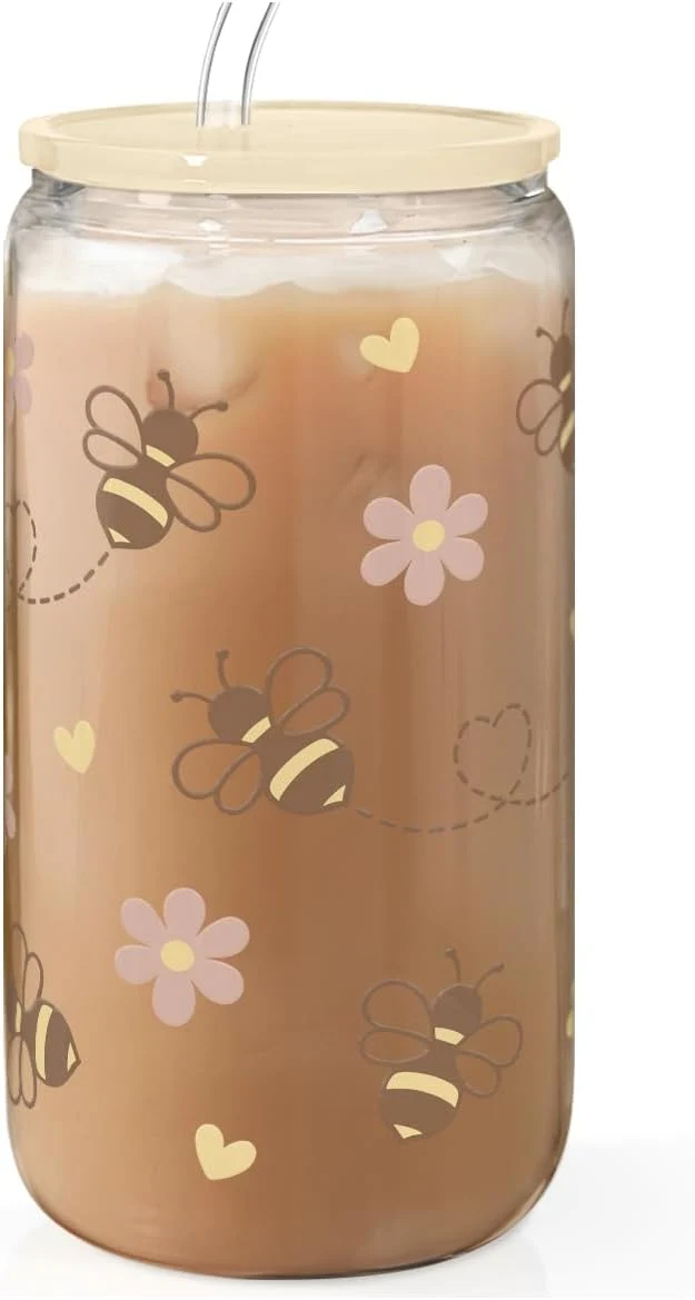 Genuine Bee 16oz Can Glass Tumbler with Acrylic Lid Straw - Iced Coffee Cup for Women Girls Aesthetic Cups Gifts for Birthday Christmas Excellent