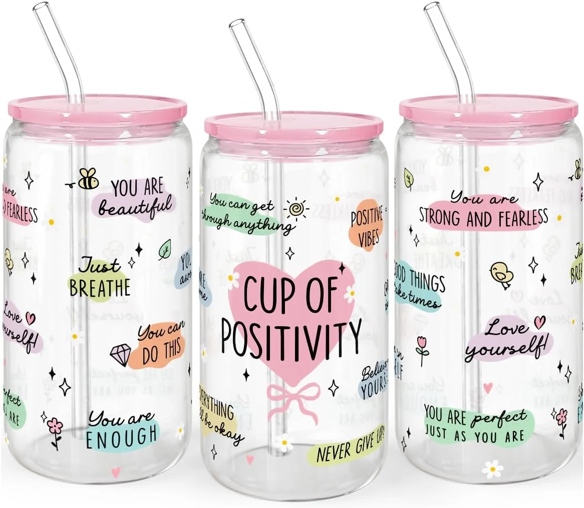 High-Performance Sandjest Inspiration Gifts - Glass Tumbler 16oz with Acrylic Lid and Straw - Iced Coffee Cups for Women Official