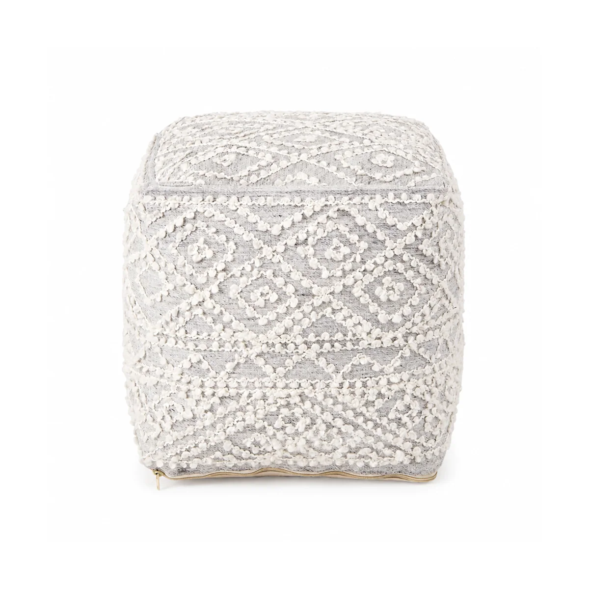 Long-Lasting Farida Light Gray Wool and Polyester Patterned Pouf Luxury