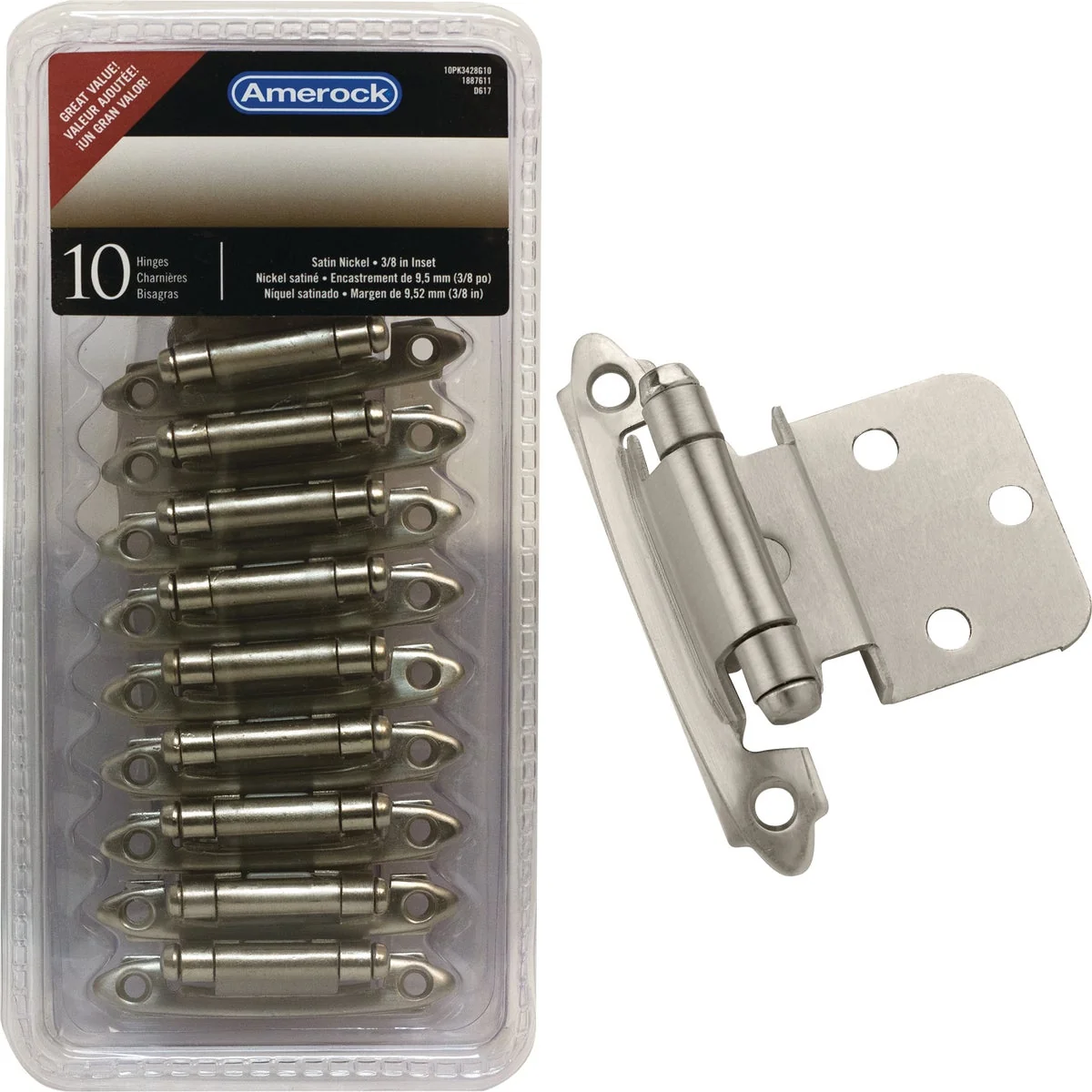Genuine Amerock Satin Nickel 2 In. W X 2-3 4 In. L Self-Closing Inset Hinge 10-Pack Refined