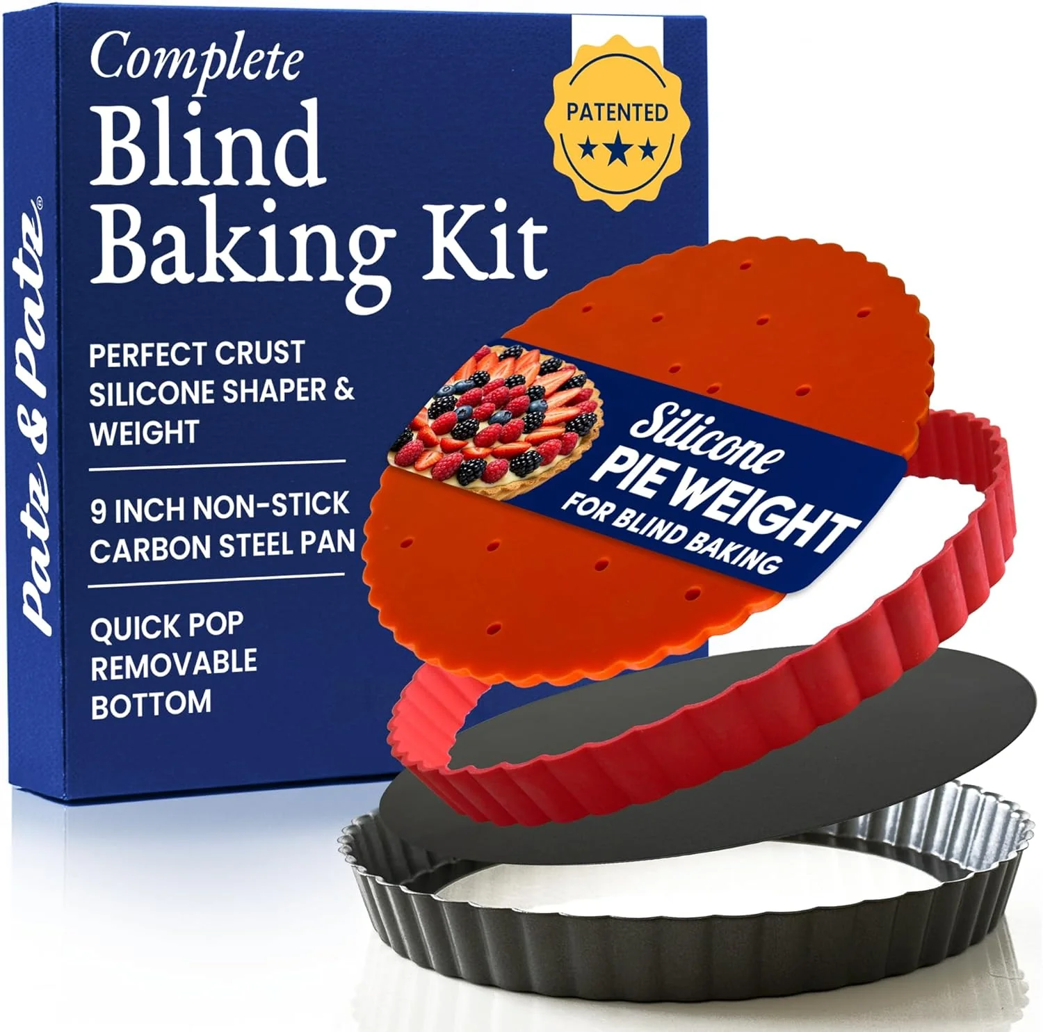 Durable Classic All-in-One Tart Pan 9 Inch Removable Bottom Set with Patented Silicone Crust Shaper Pie Weight Professional