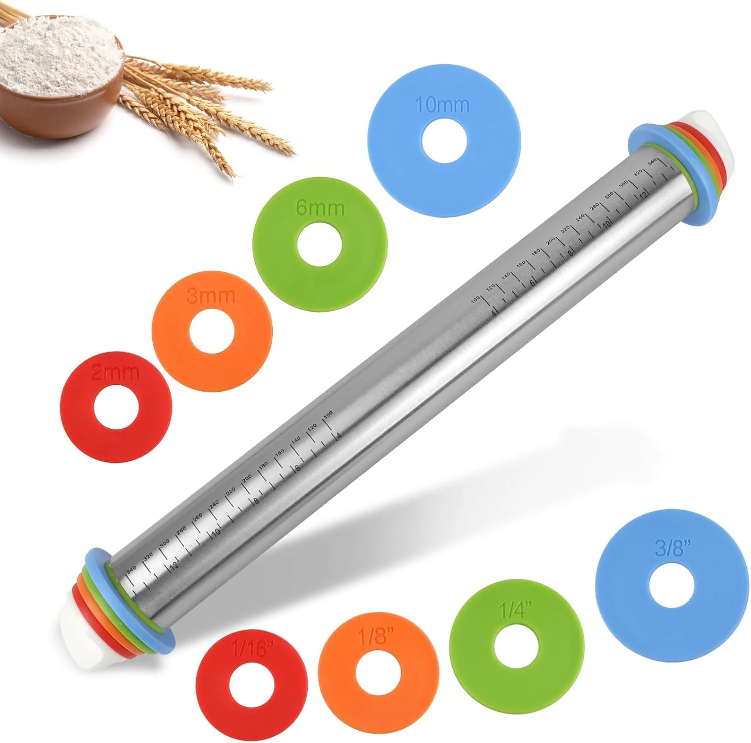 Safe Adjustable Rolling Pin with 4 Thickness Rings for Baking 17 Stainless Steel Dough Roller with Clear Measurement Markings for Pizza Fondant Pie Next-Generation