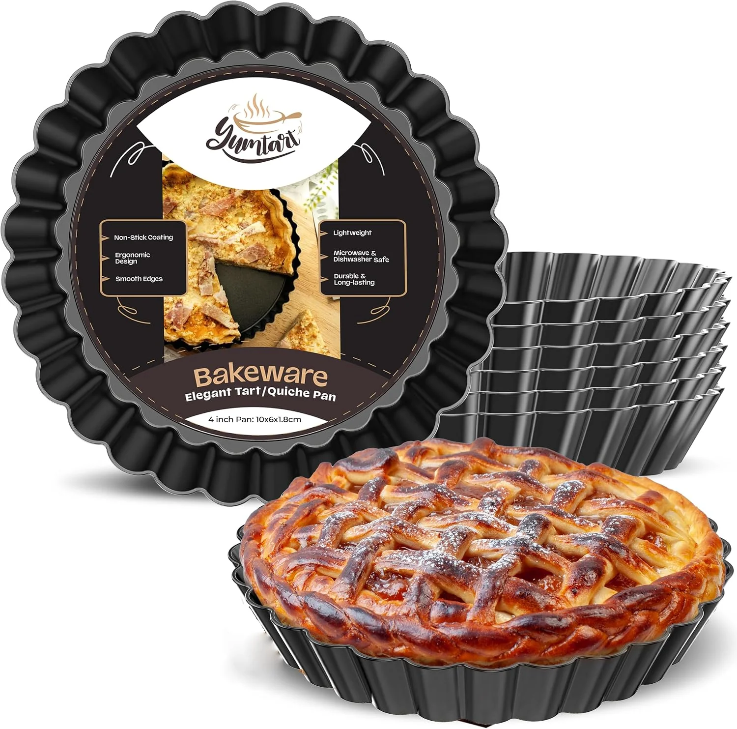 Easy-to-Use 4 Inch Round Tart Pan 8 Pieces False Bottom Pie Pan Deep Fluted Tart and Quiche Pan with Removable Bottom - Non-Stick Tart Pan World-Class