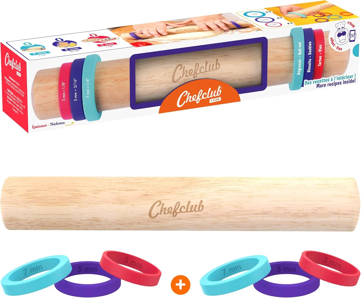 Responsible Chefclub Kids Adjustable Wooden Rolling Pin - 3 Removable Silicone Rings - for Baking amp Pastry Pizza Pie Cookie Dough - Precision Baking Tool for Kids 3 Removable Silicone Rings for 3 Different Dough Thicknesses – 7 mm 5 mm and 3 mm – Re Stylish