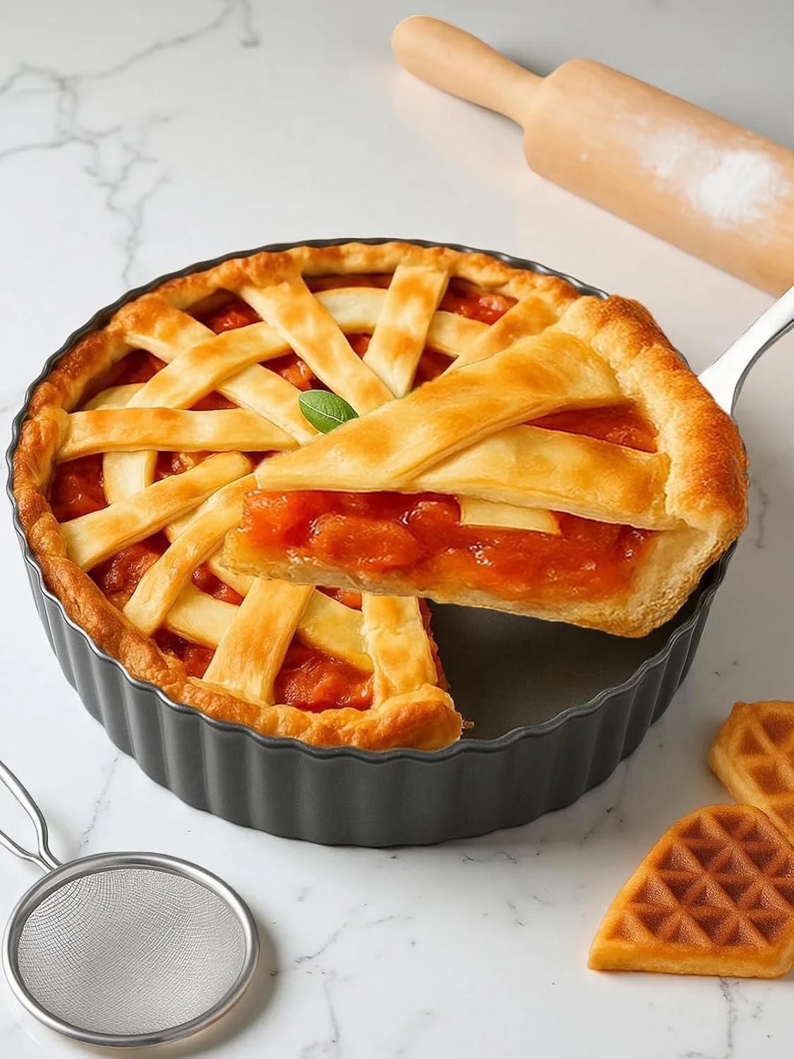 Authentic 9.5 2.2 Inch Deep Tart Pan w Pie Cake Server. Removable Bottom Non-Stick Coating Rugged Carbon Steel for Tart Quiche Baking Sophisticated