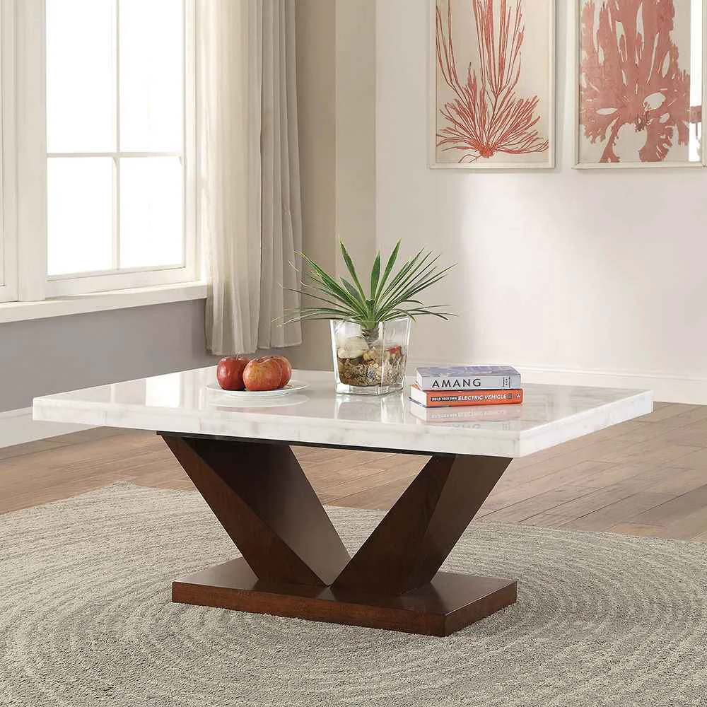 Top-Quality Forbes - Coffee Table - White Natural Marble Top Walnut Certified