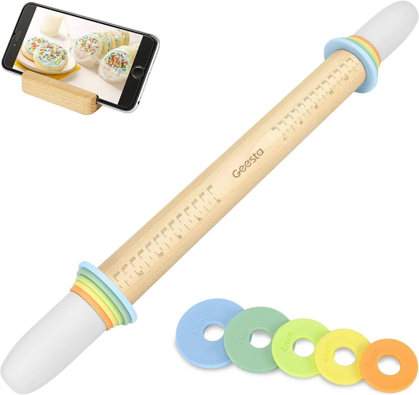 Refined Geesta Adjustable Wood Rolling Pin with 5 Thickness Rings Precise Dough Roller Handle Press Design with Measurement Guide for Baking Fondant Pure