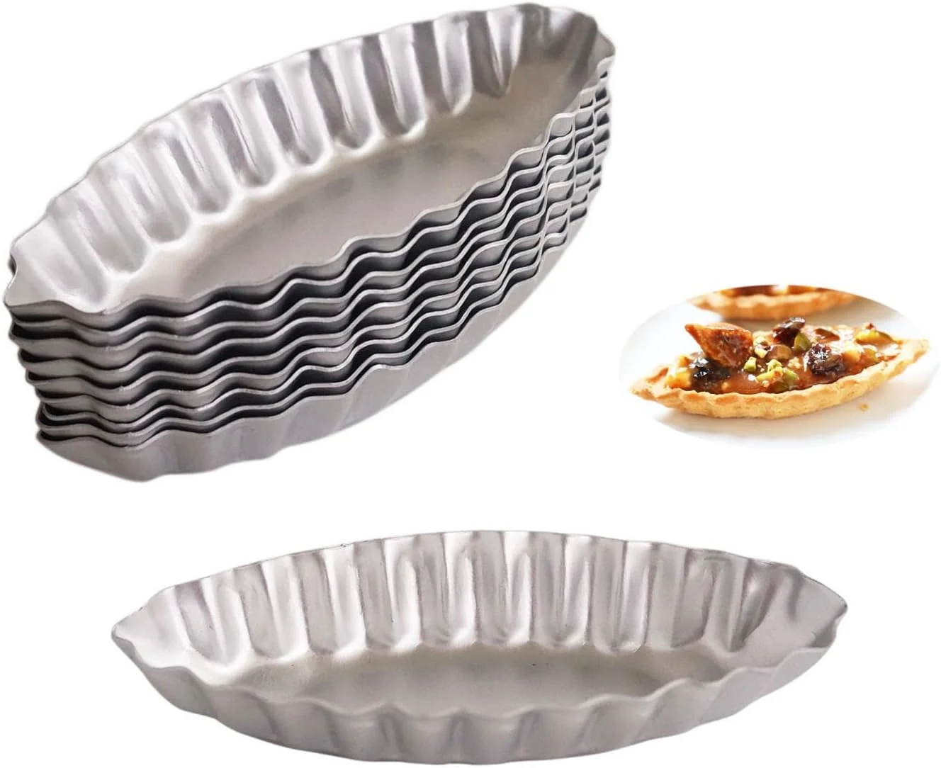 Prestigious Tiny Aluminum Boat Tart Pan Fluted Oval Baking Mold Wavy Tartlet 10-Pack Flower Edge Tart Tins Bite Size Tray for Small Desserts Quiches Pudding 3.86 x 1.77 x 0.59 Inch Breathable
