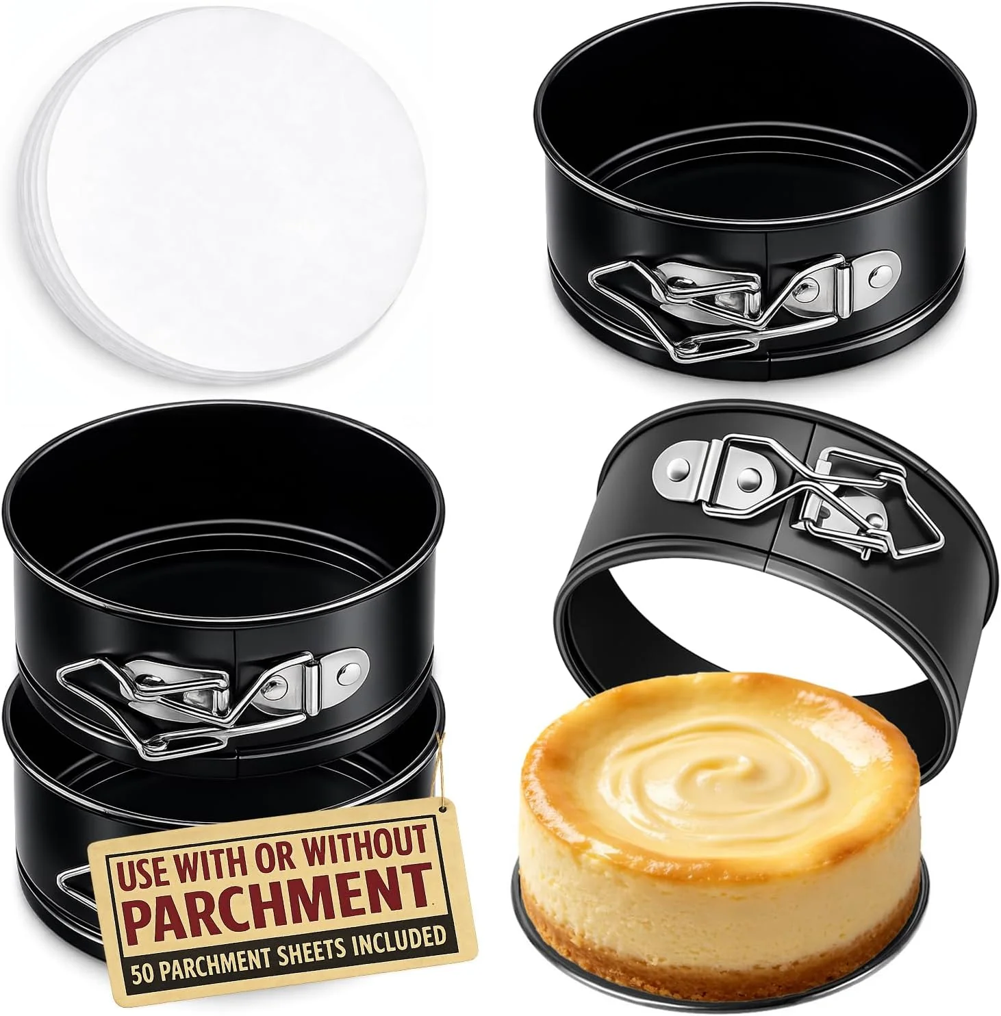Effective 4 Pack Small Springform Cheesecakes Pan 4 Inch Mini 50Pcs Parchment Paper Carbon Steel Cake Round Tins Leakproof Nonstick Removable Bottom Bakeware for Pie Pizzas and Quiches Baking Mold Set Fine